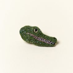 Gator Brooch Green Alligator Jewelry, Embroidered Earrings, Embroidered Brooch, Mignonne Gavigan, Scarf Necklace, Animal Brooch, Handbag Charms, Virtual Fashion, Bugle Beads