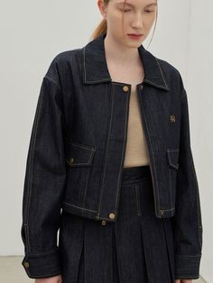 Editor's NotesThis structured, selvedge denim jacket features loose fitting silhouette with voluminous long sleeves. It is accentuated with color stitches and logo embroidery detail for cute, casual mood. - Cotton denim fabric- Natural, relaxed silhouette- Causal open collar design and zip front detail- Wide out pockets with snap buttons- Versatile styling and easy layering* Please note that selvedge denim fabric could show washing. Measurements(in.)Size One Size(XS-M)- Shoulder: 20.12 Spring Denim Jacket With Contrast Stitching, Spring Denim Blue Jacket With Contrast Stitching, Long Sleeve Denim Jacket With Contrast Stitching, Denim Blue Outerwear With Contrast Stitching For Fall, Denim Blue Jacket With Contrast Stitching, Fall Denim Blue Outerwear With Contrast Stitching, Denim Outerwear With Contrast Stitching For Spring, Denim Outerwear With Contrast Stitching For Fall, Dark Wash Denim Jacket With Contrast Stitching For Spring