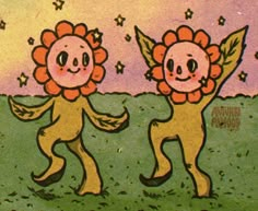 an image of two cartoon characters dancing in the grass with stars on their heads and arms