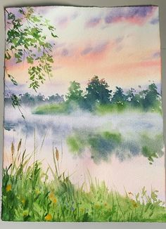 a watercolor painting of a lake with trees in the background and grass on the bank