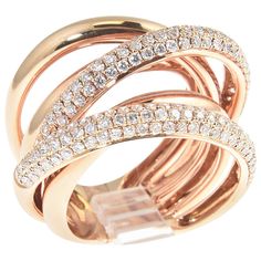 Beautifully made 18k Rose gold ring with pave set diamonds bands intersecting with rose color bands. US size 6.25 Marked 18k BA Rose Diamond Ring, Ring Rosegold, Retro Ring, Gold Cocktail Ring, Color Bands, Diamond Cocktail Rings, Diamond Rings Bands, Fine Rings, Classic Ring