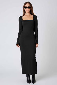 Long sleeve square neck maxi dress with open back. Model is wearing a small. Long Sleeve Square Neck Dress, Square Neck Dresses, Square Neck Maxi Dress, Dresses With Long Sleeves, Tight Black Dress, Back Model, Dress With Open Back, Word Bracelet, Long Bodycon Dress