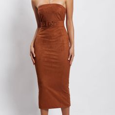 Suede Midi Dress- Tan/Brown With Removable Belt Brown Knee-length Midi Dress For Parties, Chic Fitted Brown Midi Dress, Chic Brown Fitted Midi Dress, Brown Belted Dress For Date Night, Chic Brown Belted Mini Dress, Elegant Brown Belted Midi Dress, Brown Midi Length Dress For Date Night, Fitted Belted Brown Midi Dress, Brown Sheath Midi Dress For Party