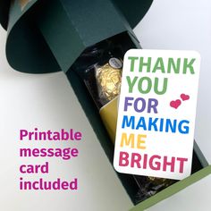 a thank you for making me bright card in a green gift box with gold foil