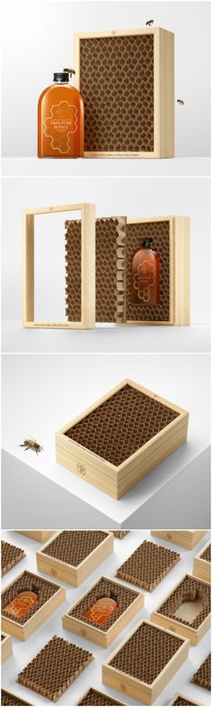 an assortment of wooden boxes with different items inside