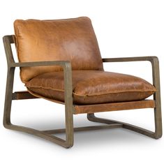 a brown leather chair sitting on top of a wooden frame