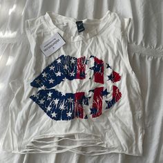 Brand New White Crop Tank With Red White Ma S Lie Lip Design, S White Tops With American Flag Print For Beach, White American Flag Print Top For Beach, White American Flag Print Tops For Beach, White American Flag Print Top For The Beach, White Patriotic Summer Tops, White Patriotic Tops For Summer, Patriotic White Tops For Summer, White Americana Tops For Summer, White Americana Style Tops For Summer