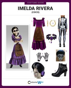 a costume guide for a female skeleton in purple and black, with accessories including gloves