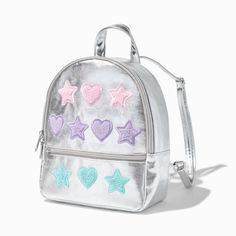 Claire's Chenille Star Patch Silver Metallic Backpack Star-shaped School Bags For Back To School, Crown Hair Clip, Sensitive Ears Earrings, Piercing Kit, Sequin Backpack, Word Bracelet, Bags For Teens, Jewelry Words, Fashionable Jewelry