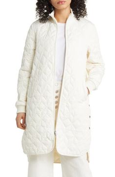 This longline jacket broadcasts a beautiful quilted pattern and knit ribbed trims for cozy detail. 37" front length; 38 1/2" back length (size 36FR) Lined 100% polyester Machine wash, dry flat Imported Winter White Long Sleeve Quilted Jacket, Quilted Long Coat For Fall, Long Quilted Jacket, Longline Jacket, Ilse Jacobsen, Quilted Pattern, Quilted Jacket, Long A Line, Coats Jackets