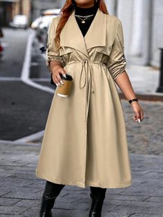 Plus Size Versatile Drawstring Casual Trench Coat Mocha Brown Casual  Long Sleeve Tweed Plain Regular Slight Stretch  Women Plus Clothing, size features are:Bust: ,Length: ,Sleeve Length: Plus Size Trench Coat, Casual Trench Coat, Floral Long Sleeve Shirt, Sleeveless Tops Summer, Mocha Brown, Women Shawl, Collars For Women, Knitwear Men, Casual Sets