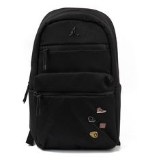 Air Jordan Pin Backpack 'Black' 9A0090-023 Black Bags With Logo Patch For Daily Use, Black Travel Bag With Logo Patch, Black School Backpack With Logo Patch, Modern Backpack With Logo Patch, Casual Black Bags With Logo Patch, Functional Black Bag With Logo Patch, Black Backpack With Logo Patch, Black Standard Backpack With Logo Patch, Black Streetwear Bag With Logo Patch