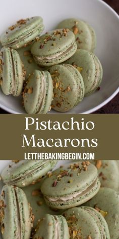 green macaroons with pistachio on top in a white bowl