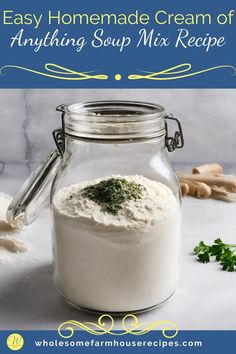 an easy homemade cream of anything soup mix recipe in a glass jar with parsley