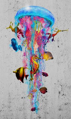 an abstract painting with blue, pink and yellow colors on concrete wallpaper that resembles jellyfish