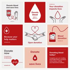 blood donation cards with different types of blood and heart health symbols on the front, red background