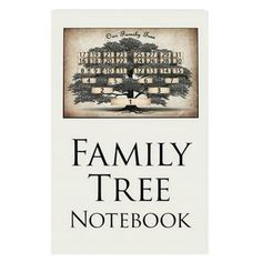 the family tree notebook is shown in black and white with an image of a tree on it