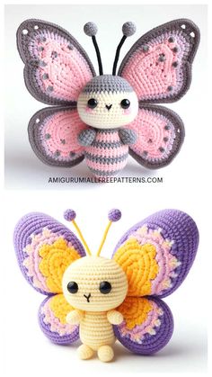 two crocheted stuffed animals made to look like butterflies