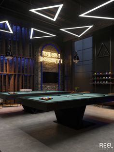 a pool table in the middle of a room