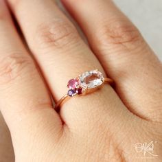 Rose Gold Pink Morganite Cluster Ring - Tourmaline, Amethyst, Red Ruby Cluster - 10kt Rose Gold Pretty pink morganite gemstone cluster ring, with a soft pink hue and pops of jewel tones. - - - - - - - - - - - - - - - - - - - - - - - - - - - - - - - - - - - - - - - - - - - - - - - - - - - - - - - - - - - - Stones and Sizes: 7x5mm Oval Baby Pink Morganite, 3mm Round Pink Tourmaline, 2mm Round Purple Amethyst, 2mm Round Red Ruby Setting: 10kt Solid Rose Gold Band: ~1.60mm wide - half rounded band - Rose Gold Multi-stone Pink Sapphire Jewelry, Rose Gold Multi-stone Jewelry With Pink Sapphire, Morganite Multi-stone Rings Gift, 14k Rose Gold Sapphire Gemstone Ring Gift, 14k Rose Gold Sapphire Ring Gift, Fine Jewelry Morganite Multi-stone, Fine Morganite Multi-stone Jewelry, Fine Jewelry Multi-stone Morganite Pieces, Custom Birthstone Ring