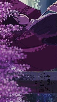 an anime scene with purple flowers in the foreground and a woman laying on her back