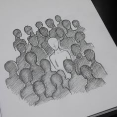 a drawing of a group of people with one person standing out from the crowd in front of them