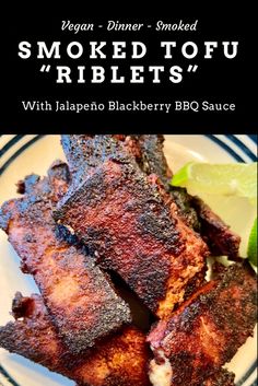 smoked tofu ribs with jalapeno blackberry bbq sauce on a plate