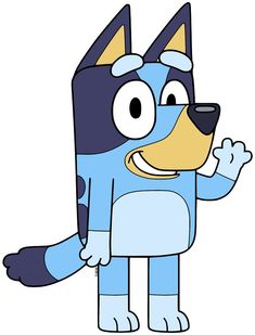 a cartoon dog wearing a blue costume and pointing to the side with his paw out