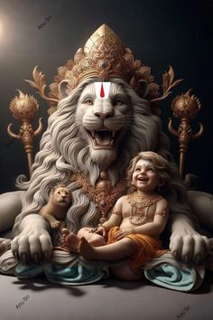 a painting of a lion sitting next to a child