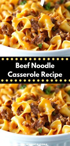 beef noodle casserole recipe in a white bowl with the title above it