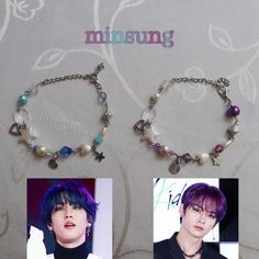 Minsung inspired Bracelets 🌟 Stray Kids 💙💜 ▪ Made with glass pearl, beads and charm 💓 ▪ 18+5 cm ▪ If you have any questions, I'll be happy to answer 💌 ▪ It is handmade 🦋 Minsung Matching Bracelets, Minsung Bracelet, Han Jisung Bracelet, Pop Jewelry, Recycled Bracelets, Kpop Iphone Wallpaper, Kpop Diy, Bracelet Couple, Gifts For My Girlfriend