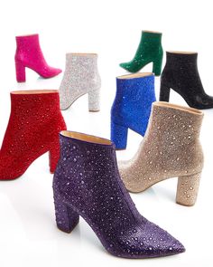 Multi-colored rhinestone dress booties Glamorous Winter Heels With Sequins, Glamorous Sequined Winter Heels, Glamorous Sequined Heels For Winter, Glamorous Winter Heeled Boots, Rhinestone Heeled Ankle Boots For Fall, Trendy Sparkling Boots For Fall, Glamorous Ankle Boots For Party Season, Crystal Embellished Party Boots For Fall, Crystal Embellished Boots For Fall Party