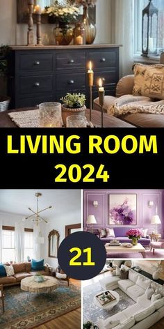 the living room is decorated in purple and white