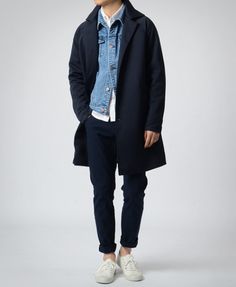 Luxury and Fashion Management Student at SCAD | Instagram & SnapChat: @gregtack Navy Overcoat Men Outfit, Grey Cardigan Outfit Men, Navy Overcoat, Mantel Outfit, Long Denim Jacket, Sneaker Outfits, Denim Men, Navy Coat, Long Coats