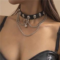 Noir Punk: Skulls and PU Tassel Necklace-Fashion Necklaces-StylinArts Edgy Cheap Choker For Festival, Cheap Punk Necklaces For Concerts, Cheap Punk Festival Choker, Skull Collar, Black Leather Choker, Leather Choker Necklace, Heart Chain, Layered Chains, Leather Chokers