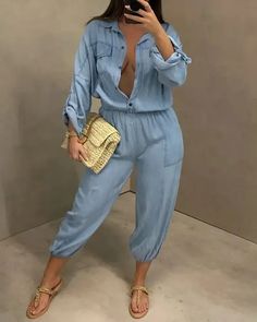 Lasaky - Long sleeve denim jumpsuit with button pocket Jumpsuit Outfit Street Style, Denim Jumpsuit Outfit, Long Sleeve Denim Jumpsuit, Outfit Street Style, Jumpsuit Casual, Button Outfit, All Jeans, Jumpsuit Outfit, Denim Chic