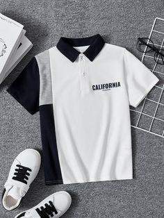 Black and White Casual Collar Short Sleeve Knitted Fabric Colorblock,Letter  Embellished Slight Stretch  Boys Clothing Latest Clothes For Men, Diy Clothes Design, Modesty Fashion, Latest Outfits, Boys Clothing, White Casual, Mens Polo Shirts, Polo Shirts, Kids Wear