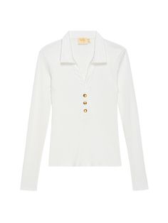 An elevated update to your go-to polo. (It's the casual open collar and partial gold snap placket…) (This one comes in White.) | Women's Harve Long Sleeve Top in White | Ethical Essentials Nation Ltd, Towels, Length Sleeve, Long Sleeve Tops, Full Length, Long Sleeve Tees, Sleeve Top, Tops & Tees, Collar