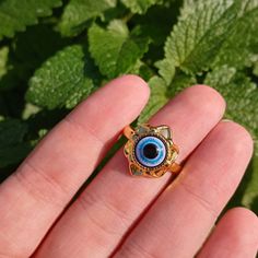 Evil Eye Ring Size 7.25 Blue Metal Rings As A Gift, Blue Metal Ring As Gift, Elegant Blue Metal Rings, Blue Open Ring Metal Ring, Blue Open Ring Made Of Metal, Nickel Free Blue Metal Rings, Blue Metal Open Ring Jewelry, Handmade Blue Metal Rings, Blue Metal Open Ring