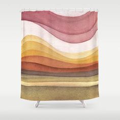 an abstract shower curtain with multicolored waves on the outside, and white background