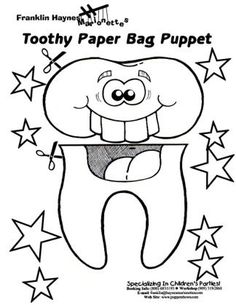 toothy paper bag puppet with stars around it and the words, toothy paper bag puppet