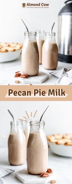 three jars filled with pecan pie milk sitting on top of a table