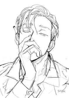 a black and white drawing of a man talking on a cell phone with his hand to his face