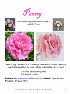 the flyer for peony is shown with pink flowers