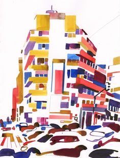 an abstract painting with multiple colors and shapes in the background is a cityscape that appears to be multicolored