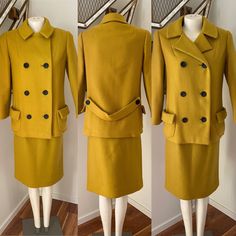 This 60s wool suit will keep you warm while looking great. The label says Tailored by Gaynes and it also has a label from Gilbert's in South Bend. The Jacket measurements are 38 in bust, 27 inches in length and 16 inches across the shoulder seam. The measurements of the skirt are 26 inches at the high waist , 36 in hips, and 24 inches in length. Winter Formal Skirt Suit With Pockets, Retro Tailored Wool Outerwear, Retro Long Sleeve Skirt Suit For Tailoring, Retro Long Sleeve Skirt Suit For Work, Retro Tailored Long Sleeve Skirt Suit, Retro Fitted Wool Outerwear, Vintage Winter Suits For Workwear, Retro Long Sleeve Tailored Skirt Suit, Classic Winter Skirt Suit For Career