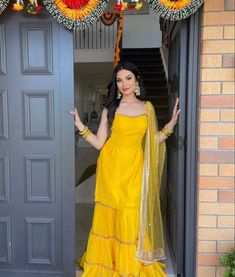 Sharara Dress For Haldi, Jaggo Outfits Punjabi, Yellow Desi Dress, Sharara For Haldi, Punjabi Traditional Dress, Yellow Garara Suit For Haldi, Yellow Dress For Haldi Function Garara, Brown Punjabi Suit, Traditional Yellow Sharara For Puja