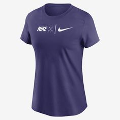 It's your game. Show it the love it deserves in this classic Nike golf tee. Purple Tops With Graphic Print For Sports Season, Purple Graphic Print Tops For Sports Season, Purple Crew Neck Top For Sports Events, Purple Crew Neck Top With Team Name, Sporty Purple Tops With Graphic Print, Casual Nike Golf Tops, Nike Sporty Purple Top, Graphic Tee Crew Neck Tops For Golf, Purple Nike Sporty Top