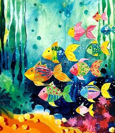 an underwater scene with many different colored fish