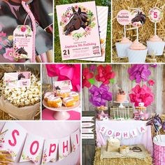 a collage of photos with pink and purple decorations, horse themed items, and desserts